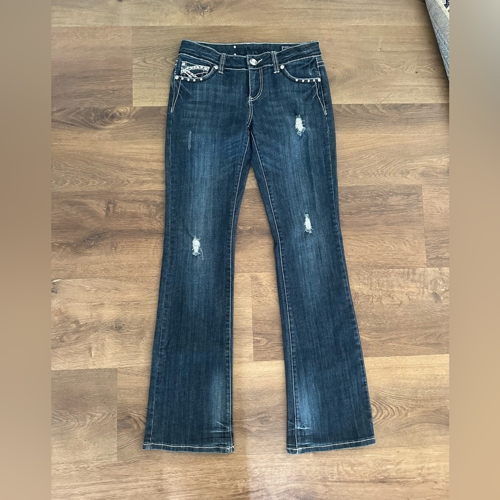 Y2K Style LA idol Women's Dark Blue Denim w Rhinestone Pockets Boot Cut Jeans